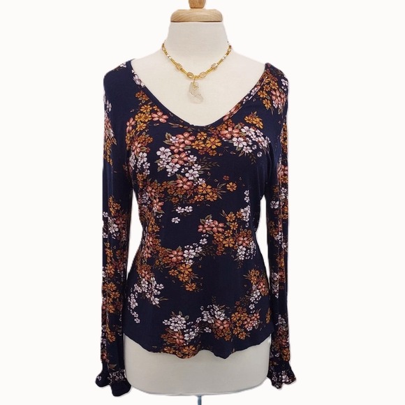 Womens L Navy Floral Long Sleeve Boho Knit Top With Ruffle Cuffs Casual Wear - Picture 1 of 13